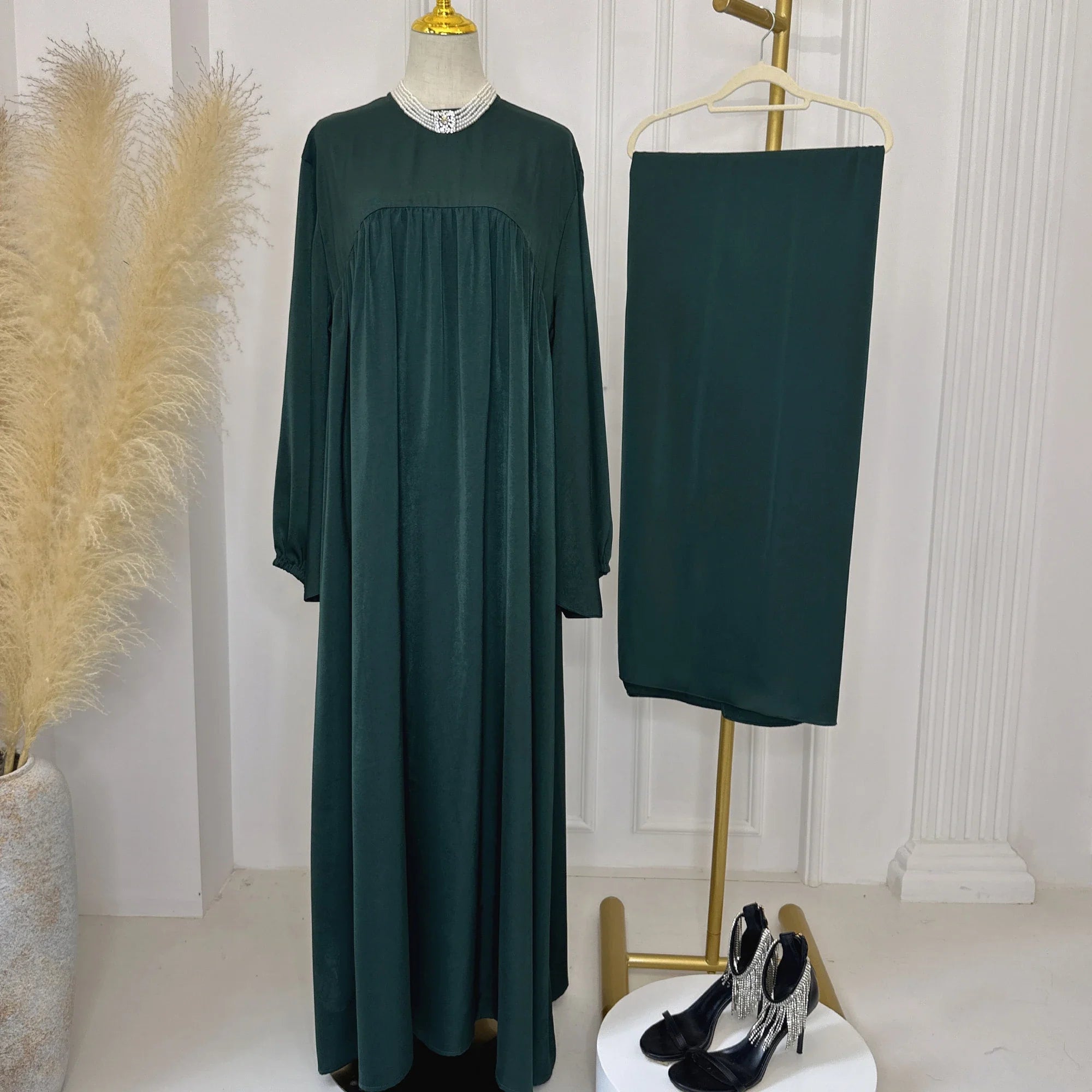 Loriya Abayas fermées à manches bouffantes Dubaï Turquie Hijab Robe 2 pièces Ensemble Abaya unie Vêtements islamiques pour femmes musulmanes 