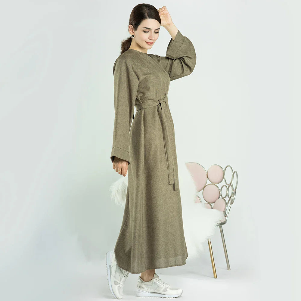 Loriya Ramadan Latest Linen Maxi Modest Dress Muslim Moroccan Open Abaya for Eid Mubarak