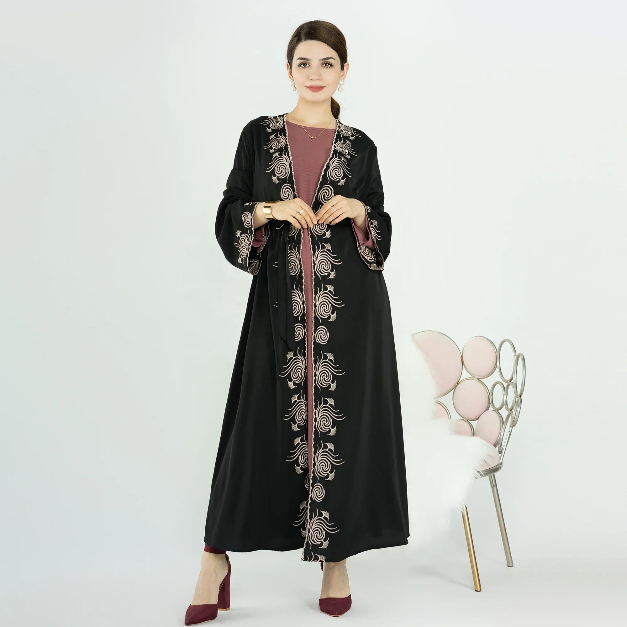 2023 Loriya Fashion New Embroidery Flower Cardigan Open Abaya Islamic Clothing for Muslim Girls Abaya Designs