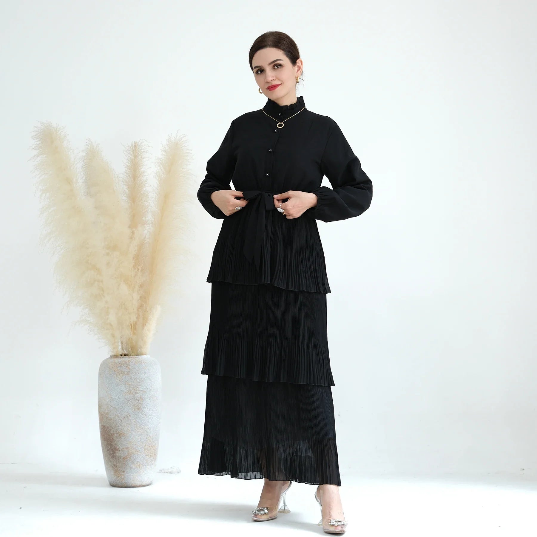 Loriya Wholesale Customized Dresses Solid Color Chiffon Abaya Dress Long Sleeves Maxi Women Dress