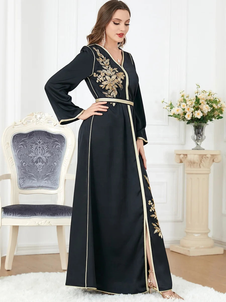 Loriya Wholesale Muslim Women Dress Long Sleeve V Neck Elegant Black Kaftan Modest Dress Abaya Islamic Clothing