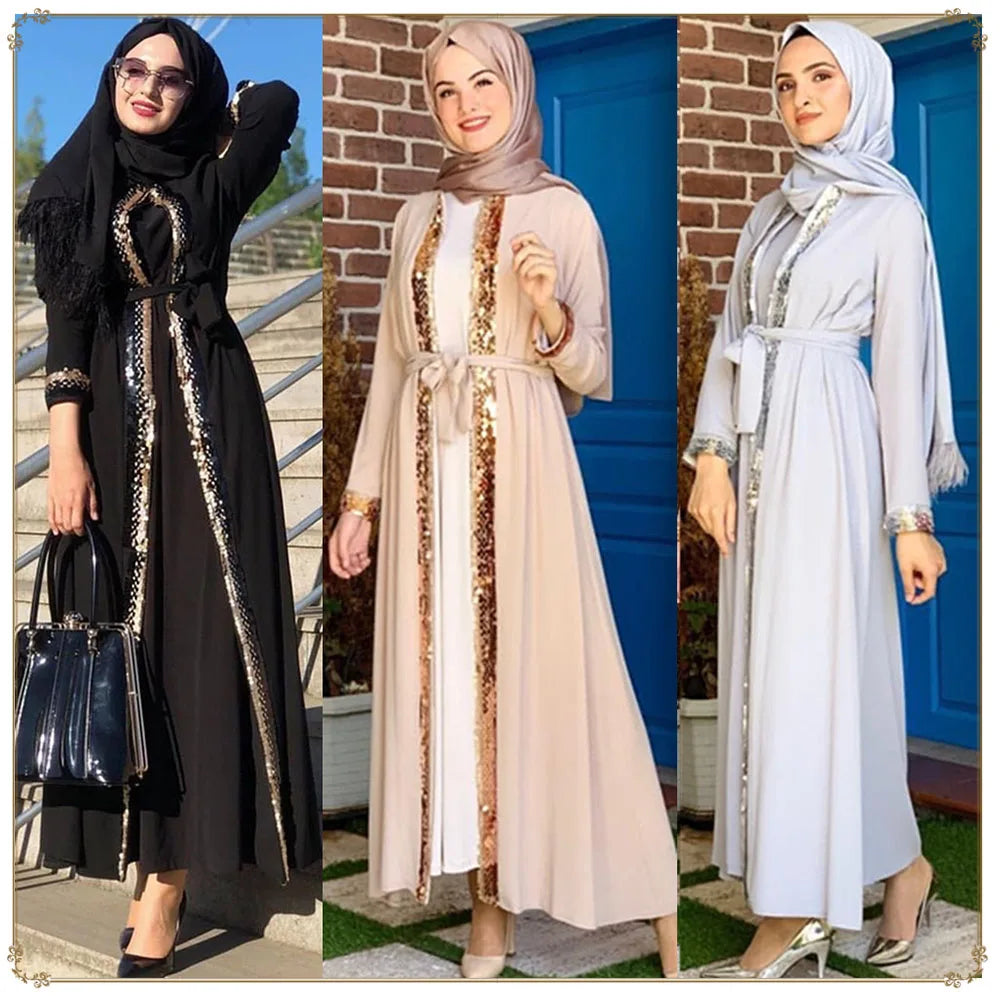 High Quality Muslim Women Sequined  Front Open Kaftan Abaya Long Dress for Eid Mubarak