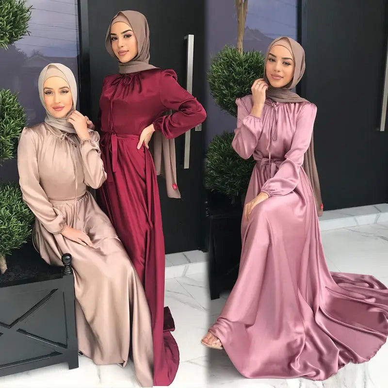 8 colors bulk wholesale maxi dresses muslim women long sleeve abaya satin dress dubai islamic clothing