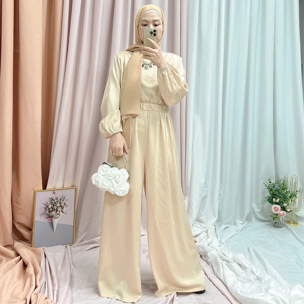 New arrival Fashion Elegant Women Islamic Abayas Jumpsuit Dubai Turkey Satin Muslim dress