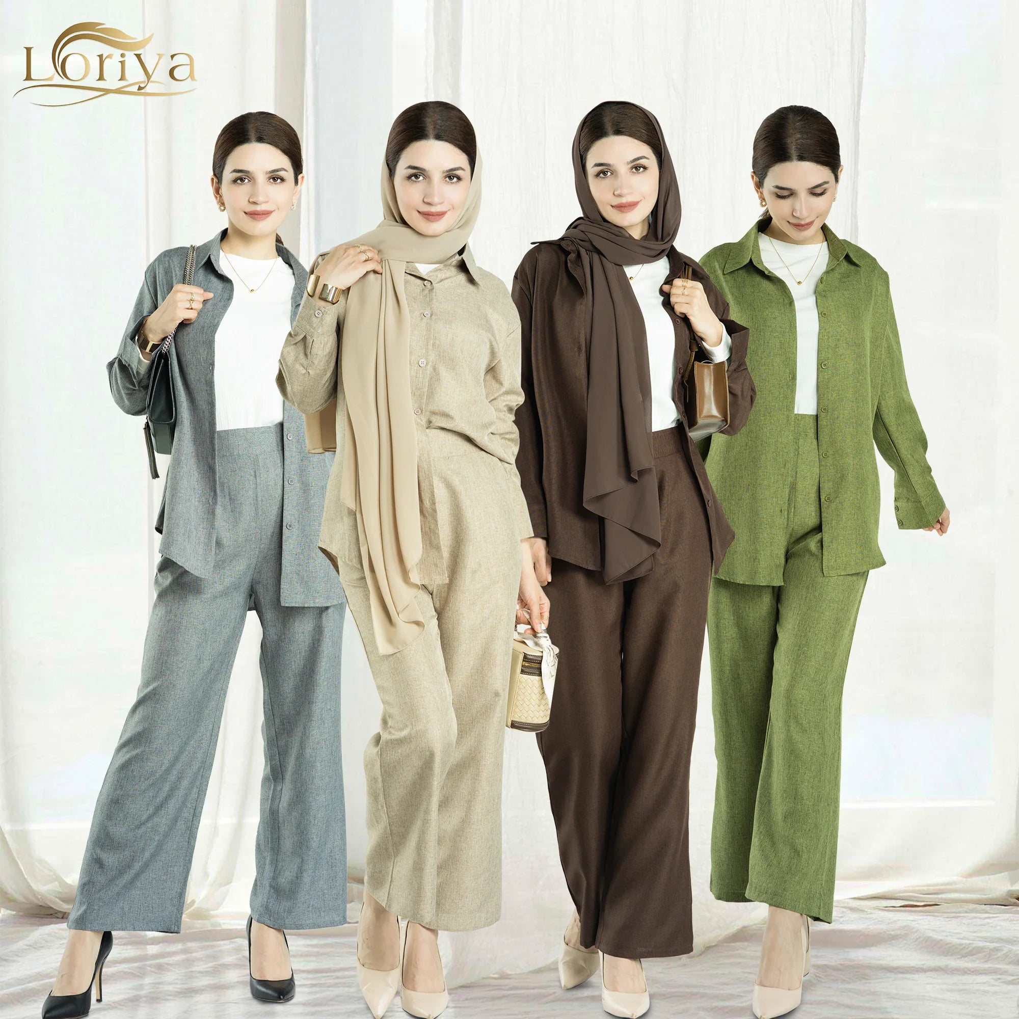 2023 Loriya Linen Fabric Turkey Abaya Set Top and Pant 2PCS Set Ramadan Fashion Islamic Clothing