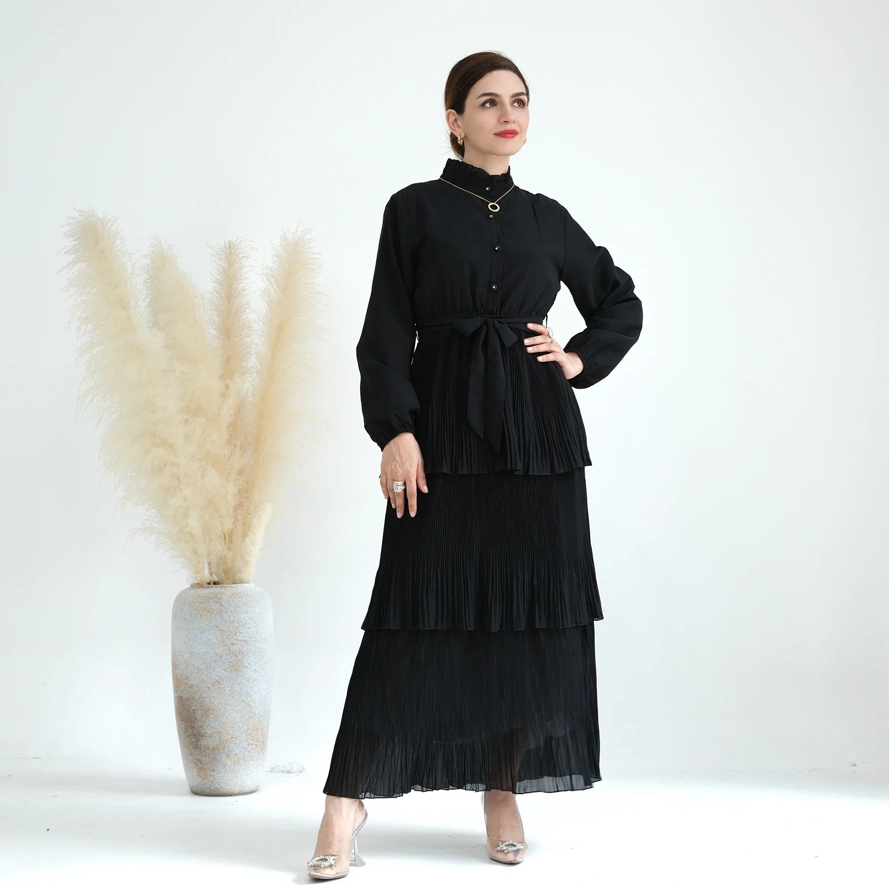 Loriya Wholesale Customized Dresses Solid Color Chiffon Abaya Dress Long Sleeves Maxi Women Dress