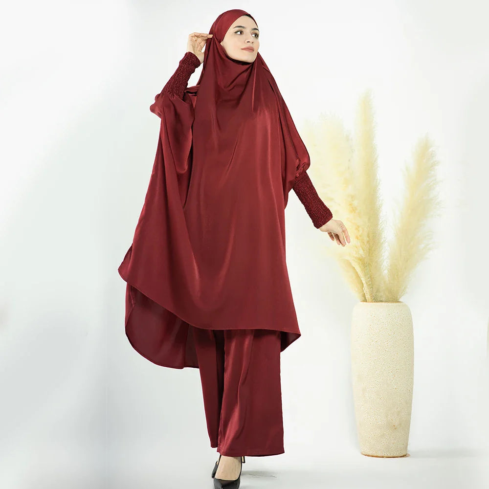 Loriya Satin Two-Piece Hijab Dress and Pants Set  Prayer Abaya Modest Islamic Clothing Muslim Prayer Abaya Set