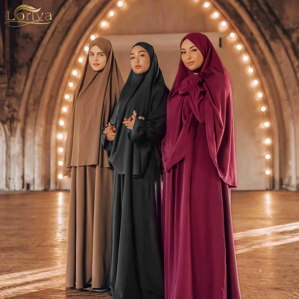 Drop Shipping Loriya Eid Modest Khimar Hijab Abaya Set Nida Fabric Muslim Khimar Abaya Dress 2 Pieces Wholesale