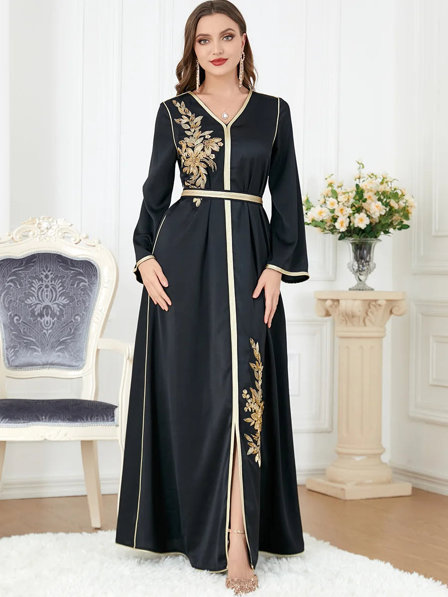 Loriya Wholesale Muslim Women Dress Long Sleeve V Neck Elegant Black Kaftan Modest Dress Abaya Islamic Clothing