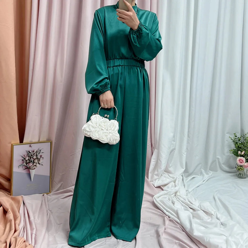 New arrival Fashion Elegant Women Islamic Abayas Jumpsuit Dubai Turkey Satin Muslim dress