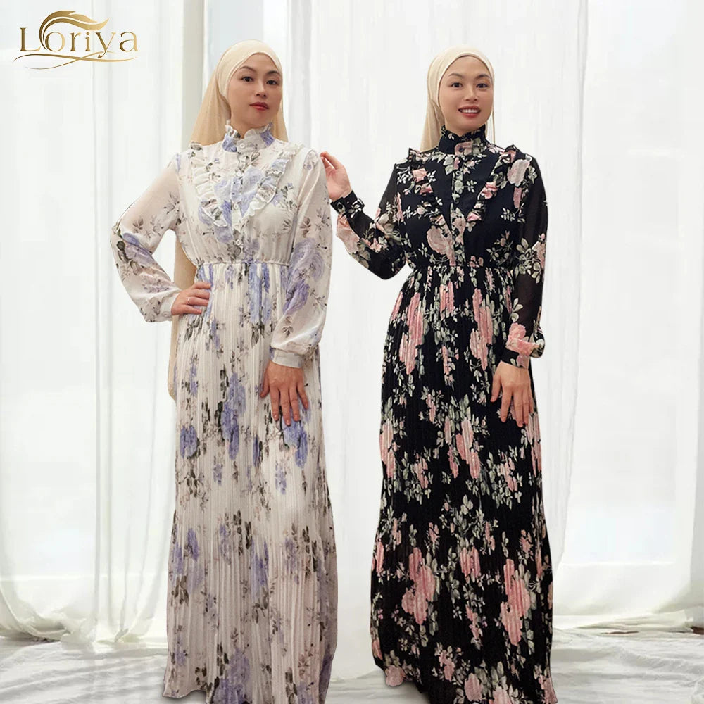 Loriya Fashion 2023 Nouvelle Robe à Fleurs Imprimée en Mousseline de Soie EID Abaya Femmes Robe Musulmane Vêtements Islamiques Robe Modeste En Gros 