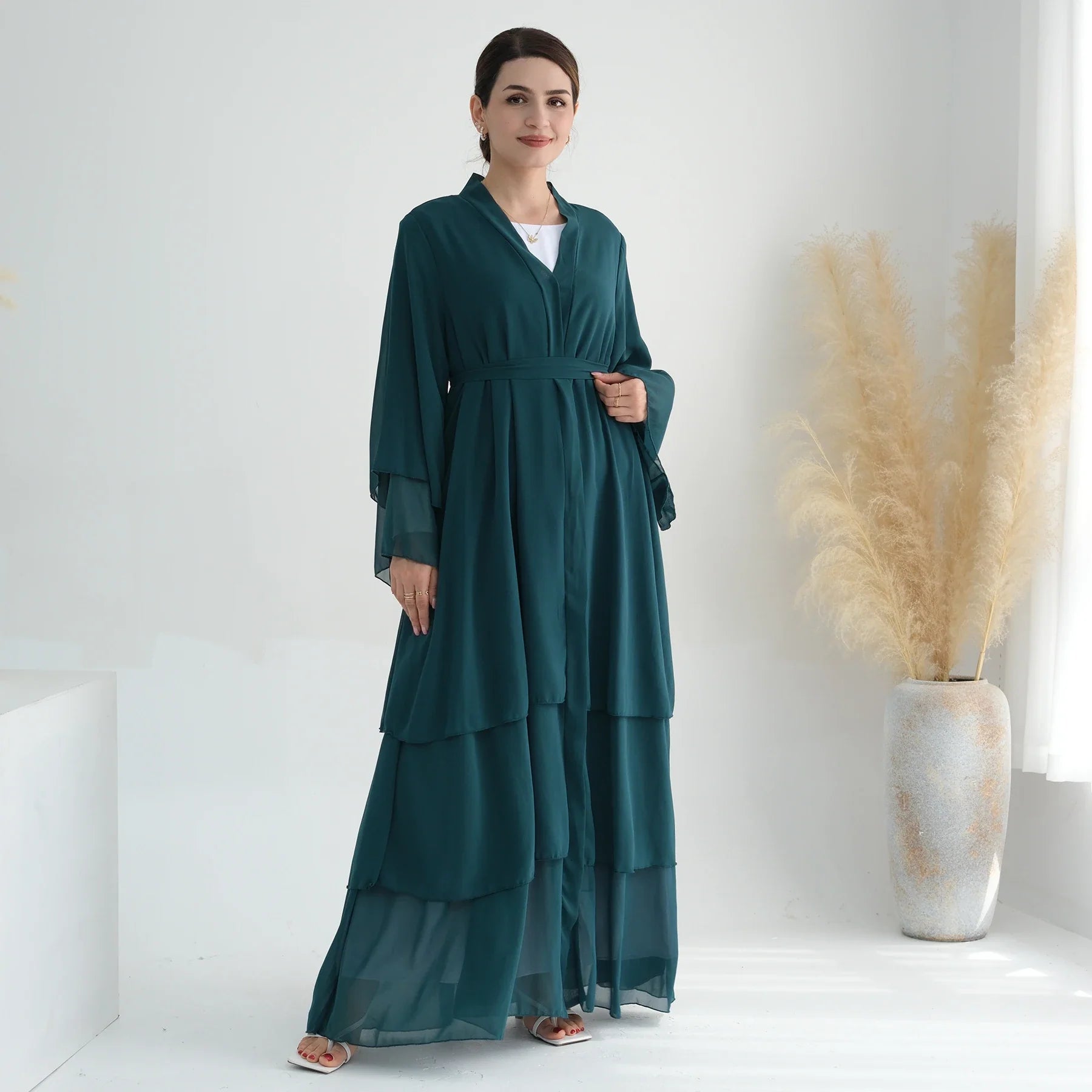 Loriya 2024 New Big Hem Dubai Elegant Kimono Abaya Women Muslim Dress 3 Layers Chiffon Open Abaya Turkey Islamic Clothing