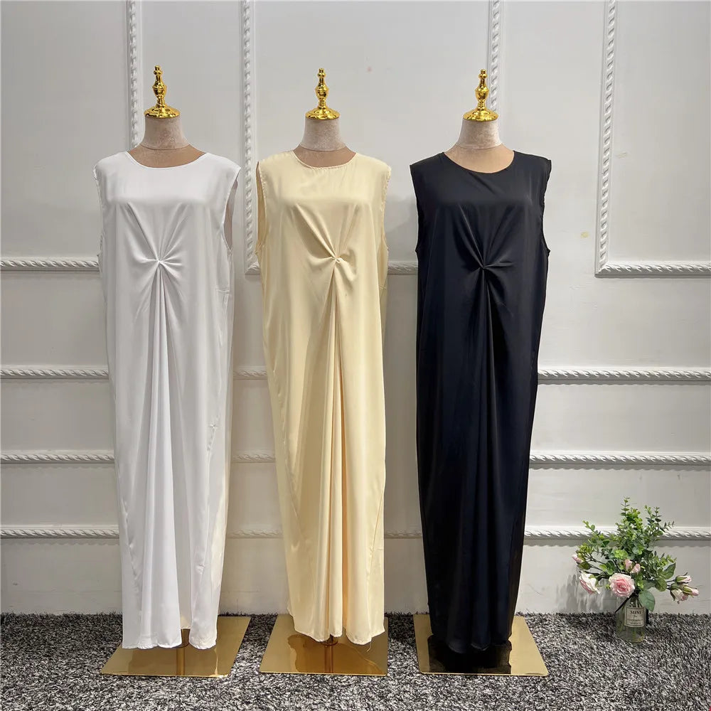 Muslim Solid Color Inner Dress Islamic Crew Neck Sleeveless abaya  Long Underdress Abaya for Women wholesale