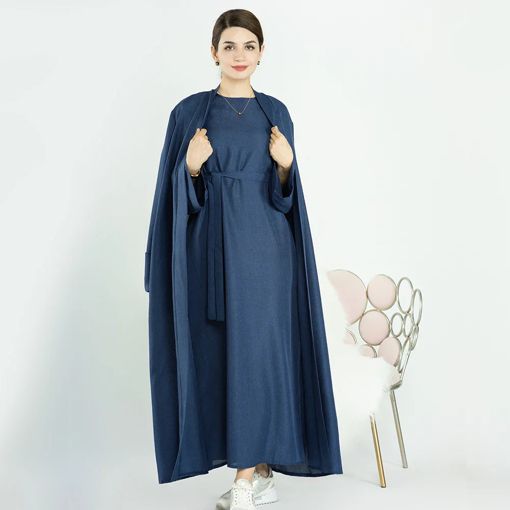 Loriya Ramadan Latest Linen Maxi Modest Dress Muslim Moroccan Open Abaya for Eid Mubarak