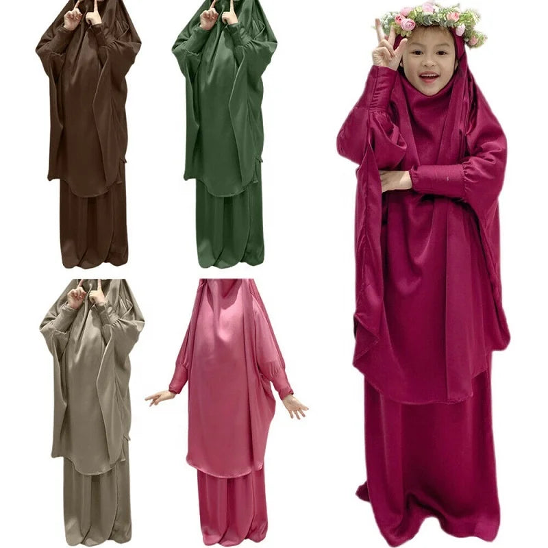 Loriya Vente Chaude Deux Pièces Ensemble Femmes Musulmanes Robe De Prière Khimar Abaya Longue Robe Hijab Vêtements Islamiques pour Enfants Filles 