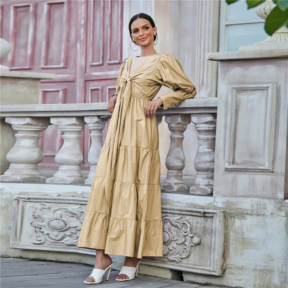 Best selling modern islamic clothing Ruffles hem puff sleeves cotton long maxi women muslim dress