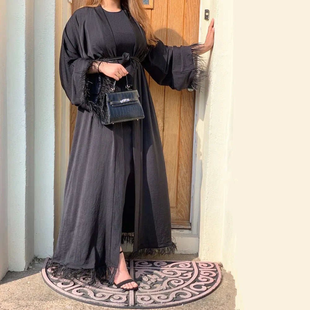 Top Selling Modest Front Open Abaya Cardigan Islamic Dress Polyester with Fur Caftan Islamic Clothing