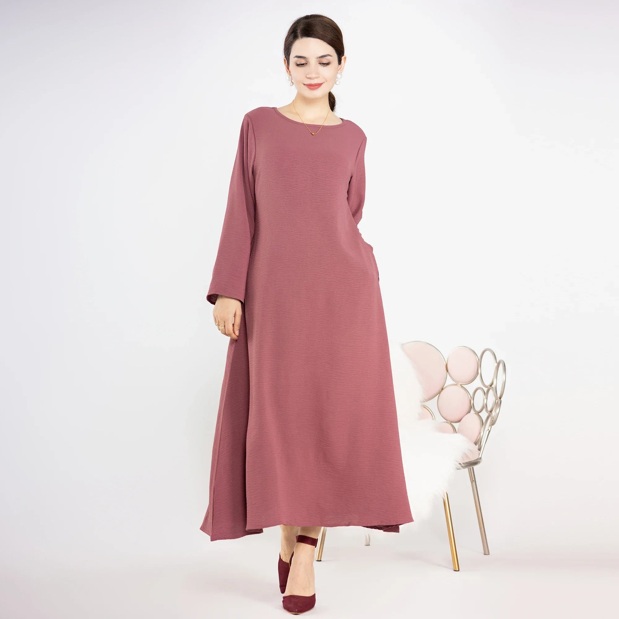 2023 Ramadan New Designs Simple Plain Modest Abaya Wrinkle Polyester Abaya Muslim Women Inner Dress