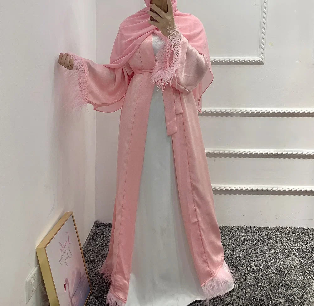 Top Selling Modest Front Open Abaya Cardigan Islamic Dress Polyester with Fur Caftan Islamic Clothing