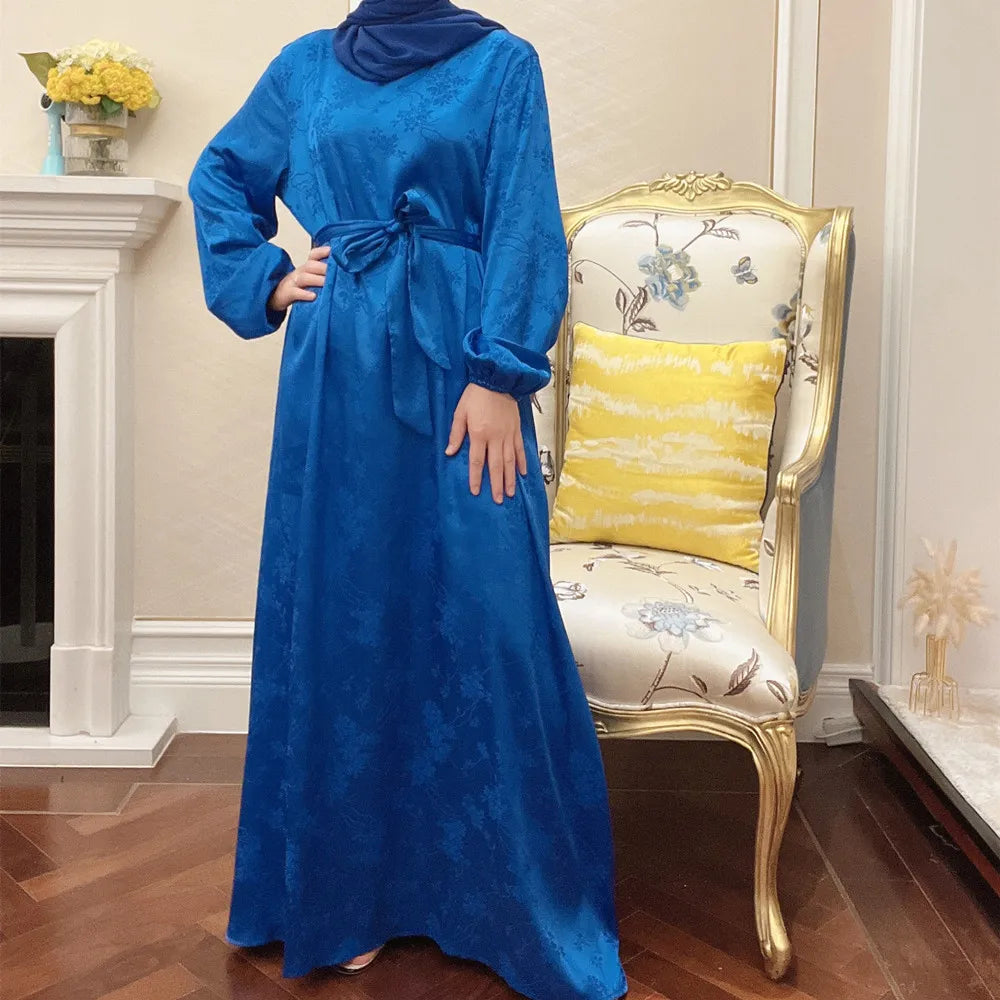 Elegant High Quality Islamic Clothing Muslim Satin Printed Floral Abaya Dress for EID Maxi Dress