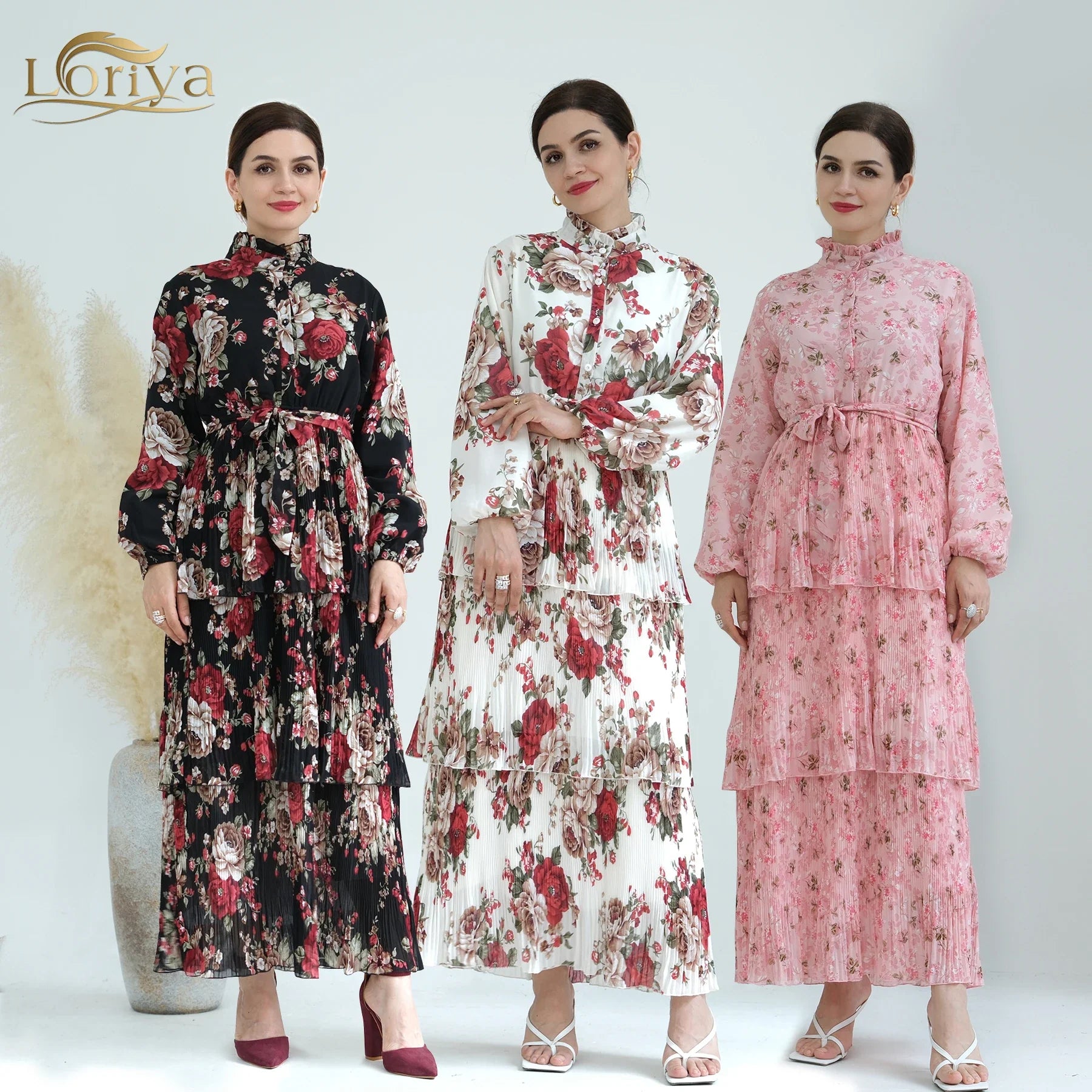 Loriya Wholesale OEM ODM Customized Chiffon Floral Dresses Islamic Clothing Three Layers Abaya Women's Dresses