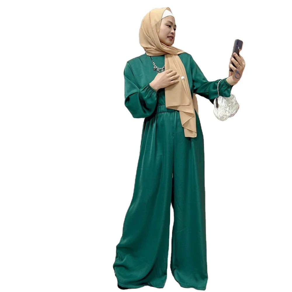 New arrival Fashion Elegant Women Islamic Abayas Jumpsuit Dubai Turkey Satin Muslim dress