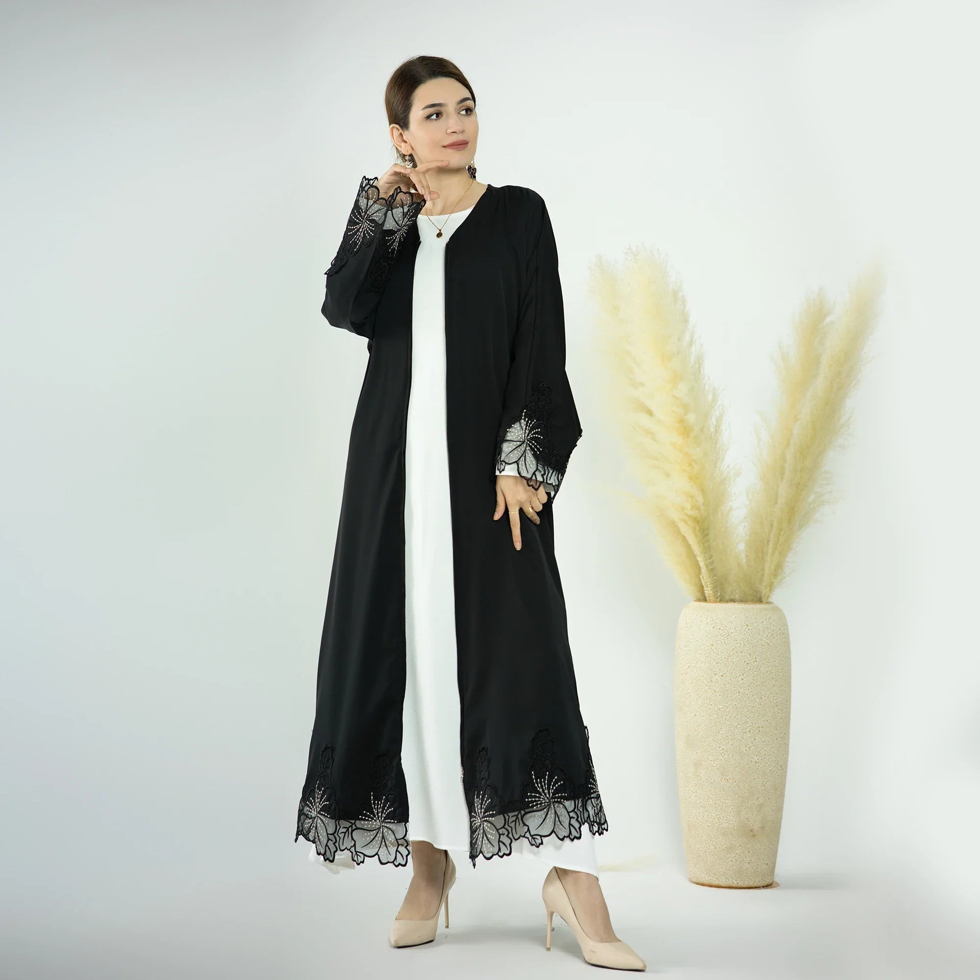 Loriya Ramadan Latest Nida with Embroidery Modest Closed Dresses Ladies Dubai Abaya Muslim Women