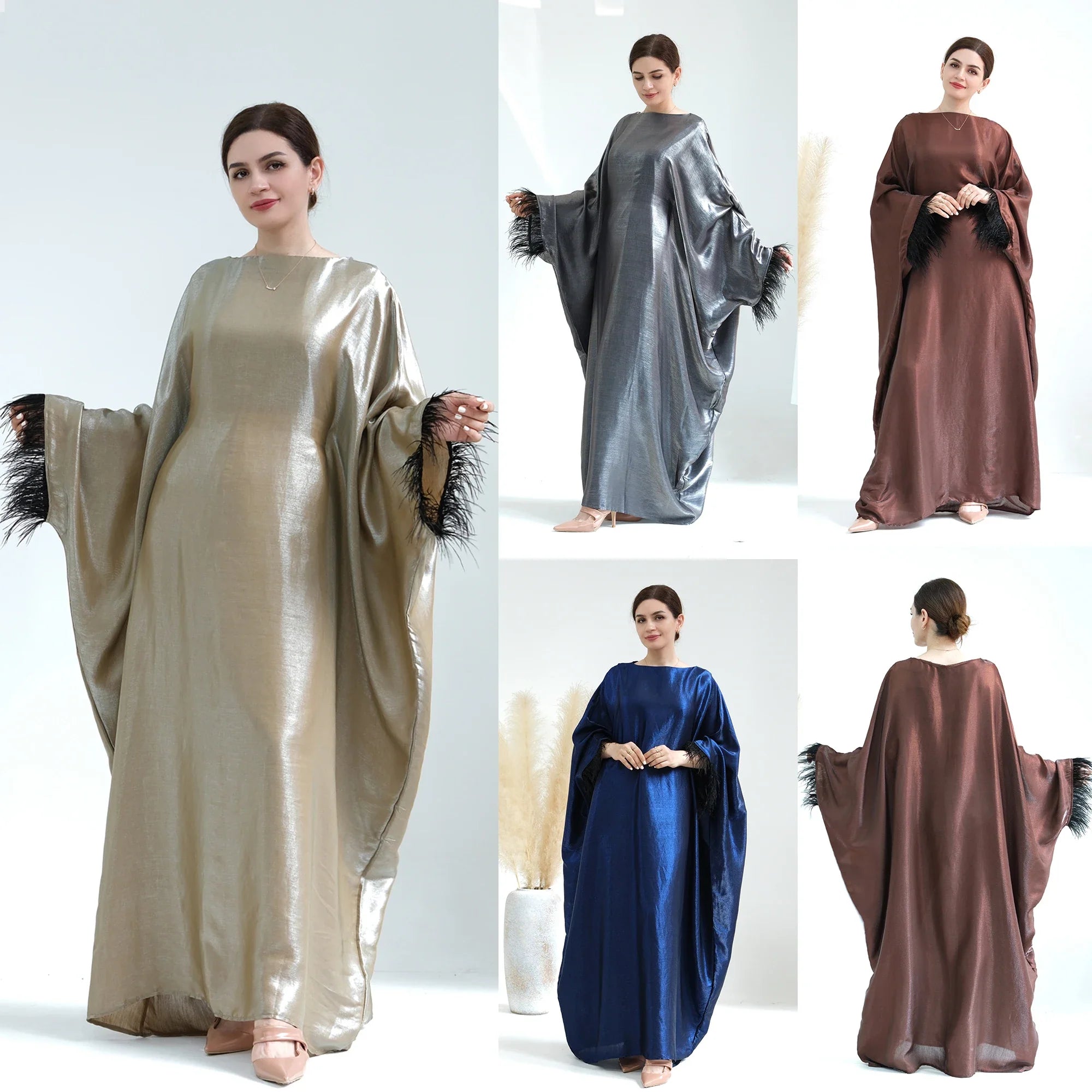 Traditional Muslim Clothing Women Abaya Dubai 2023 New Style Shinny Polyester Plus Size Women's dresses Plain Abaya with Furs