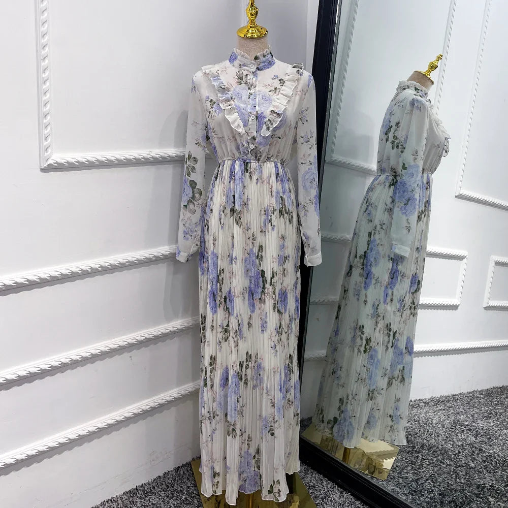 Loriya Fashion 2023 Nouvelle Robe à Fleurs Imprimée en Mousseline de Soie EID Abaya Femmes Robe Musulmane Vêtements Islamiques Robe Modeste En Gros 