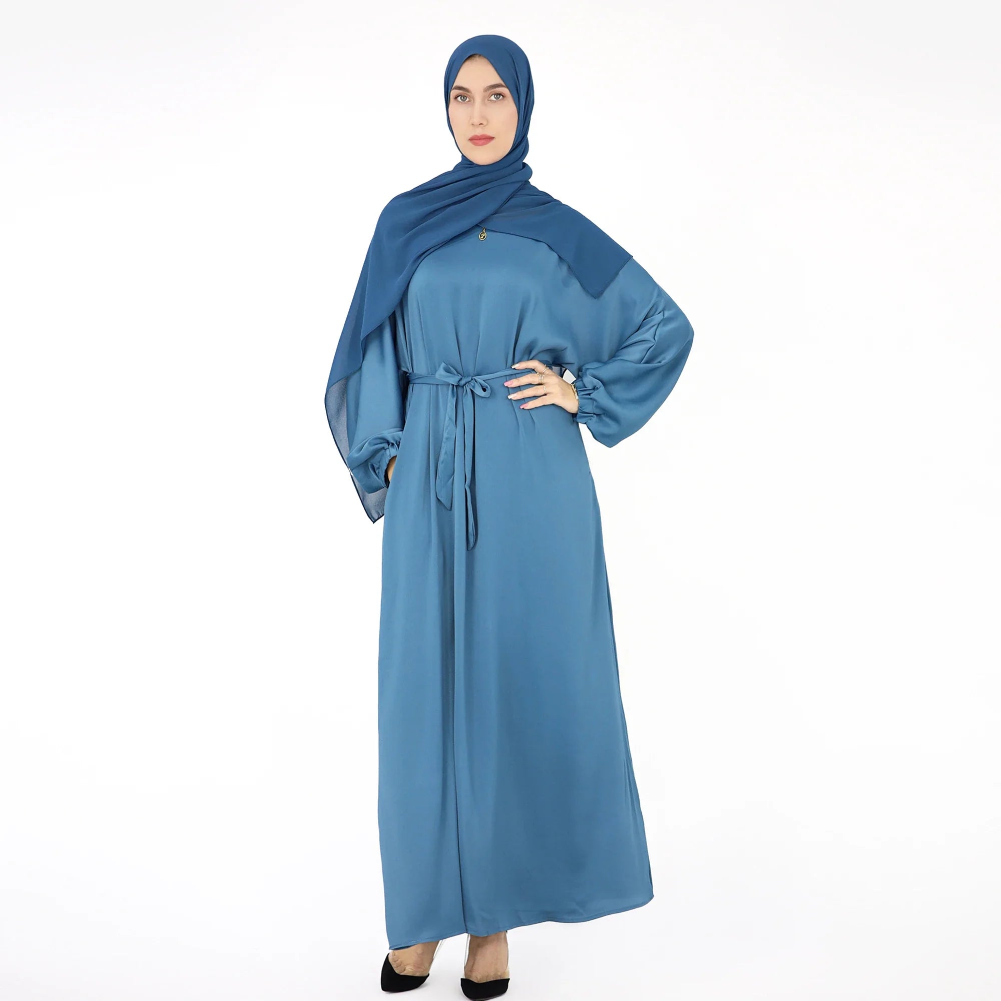 Drop Shipping Loriya New Trend Wrinkle Satin Women Modest Abaya Women Muslim Dress Fashion Muslim Clothing with Elastic Sleeve a