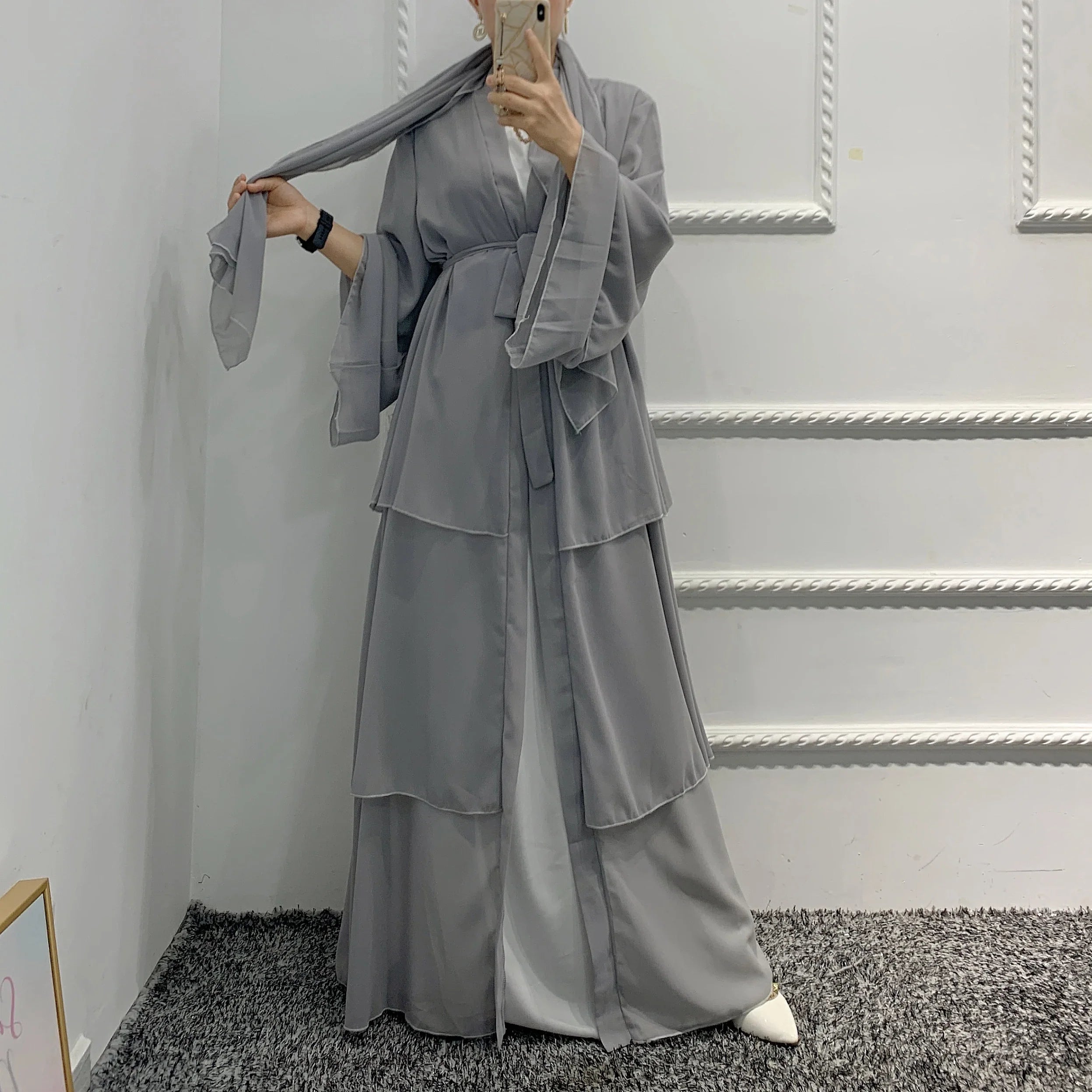 2022 New design islamic clothing women 3 Layer Chiffon Open Abaya Dress for Arab Muslim girls