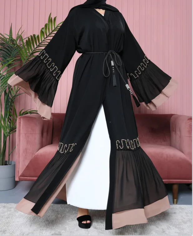 Drop Shipping Loriya New Abaya Duba Muslim Women Dress Ruffle Design Rhinestone Islamic Clothing Black Open Abaya Modest Dress