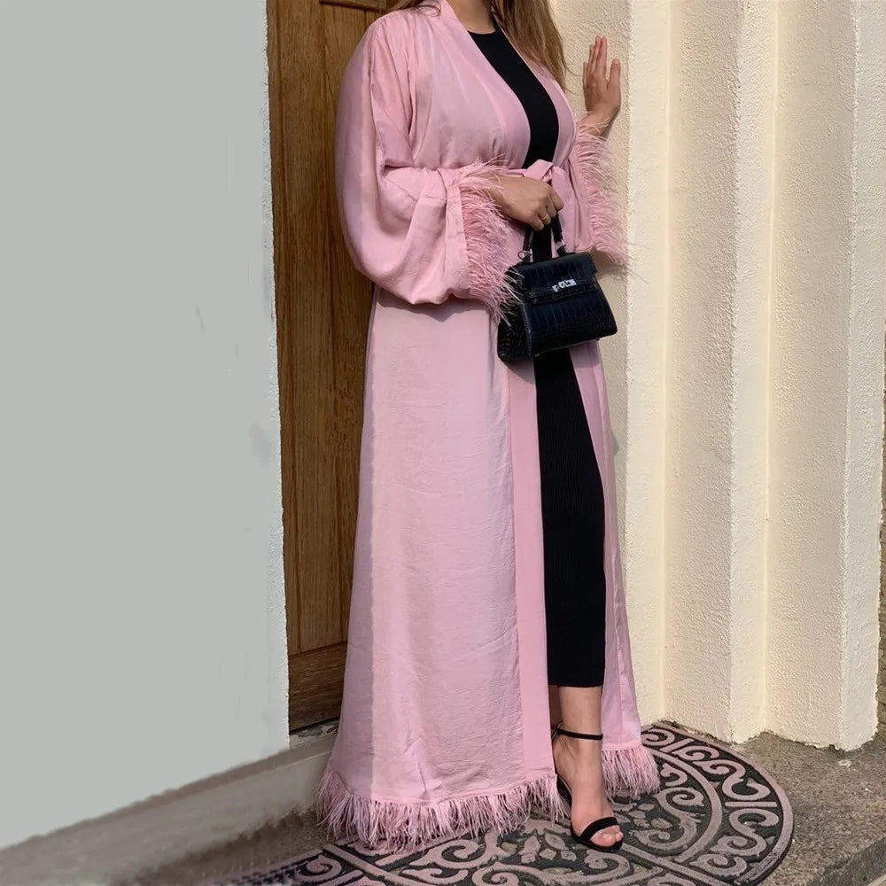 Top Selling Modest Front Open Abaya Cardigan Islamic Dress Polyester with Fur Caftan Islamic Clothing