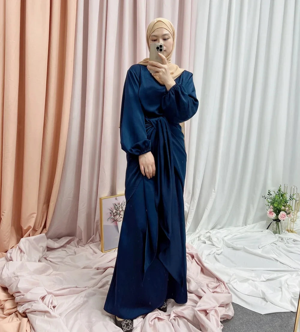 2022 Wholesale  Latest Satin Abaya Muslim Fashion Clothing New Designs Dubai Women 2 Pieces Dress