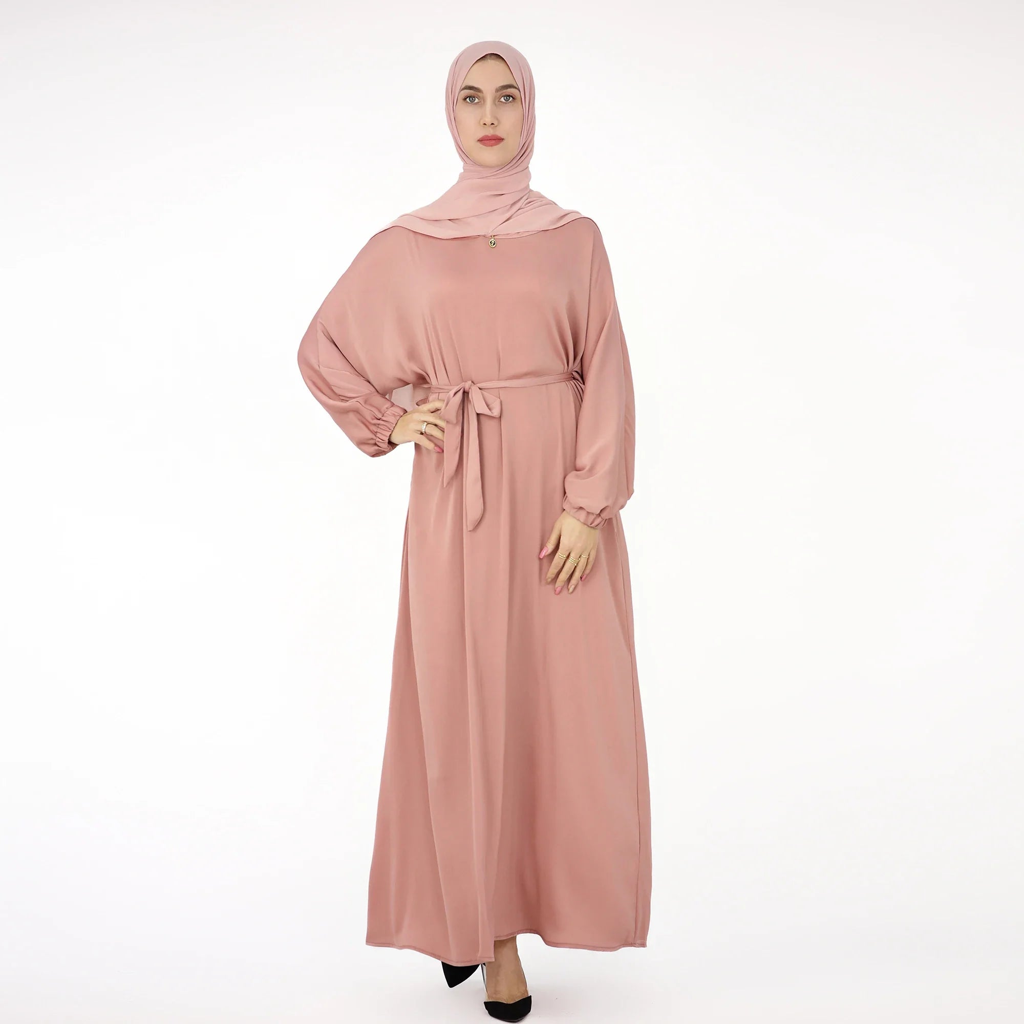 Drop Shipping Loriya New Trend Wrinkle Satin Women Modest Abaya Women Muslim Dress Fashion Muslim Clothing with Elastic Sleeve a