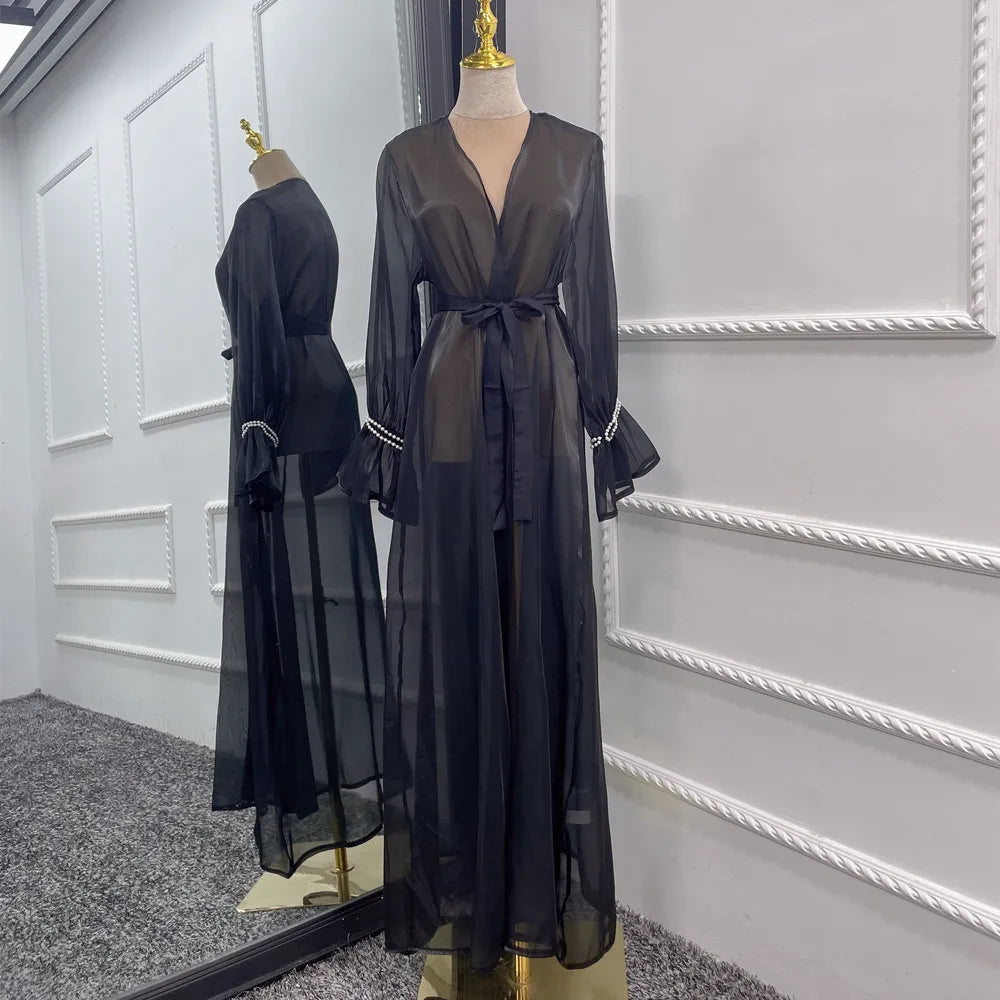 Loriya EID Cardigan ouvert pour femmes Kimono d'été en organza Abaya pour femmes Robe islamique Dubaï Turquie Abaya