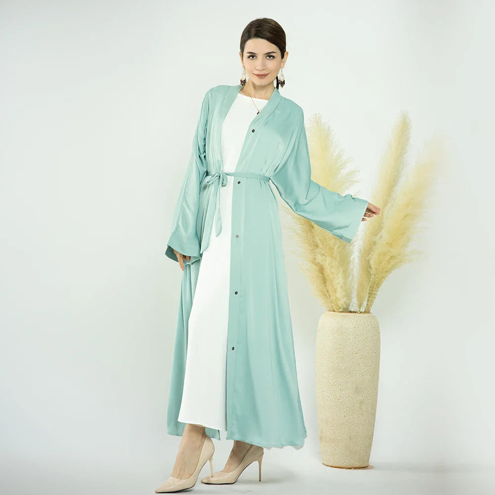 Loriya 2023 Robes modestes Couleurs unies Satin Abaya ouverte avec poches latérales Filles musulmanes Abaya 