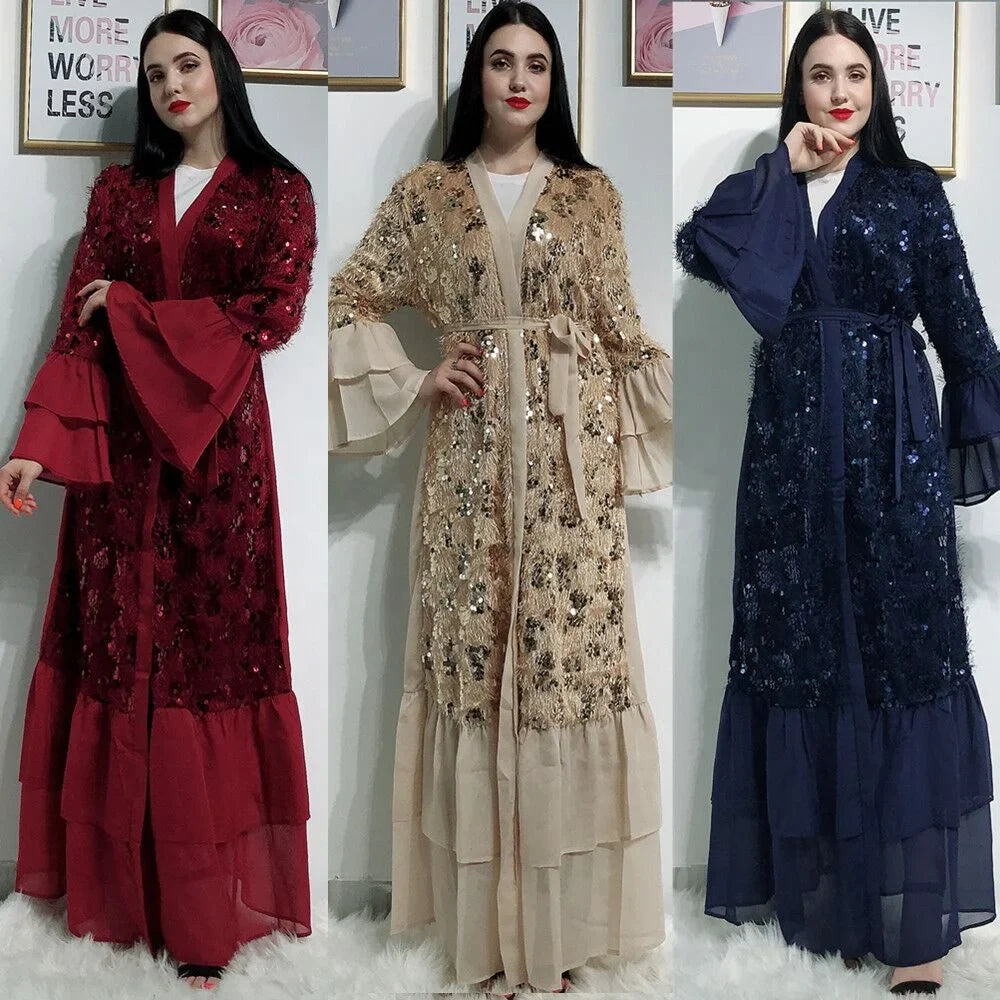 High quality muslim women abaya sequin kaftan cardigan islamic evening party dress