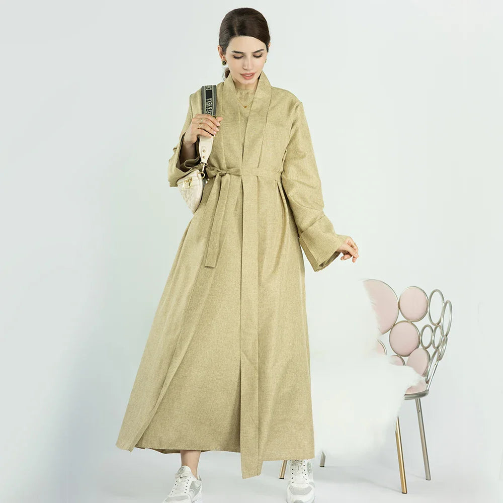 Loriya Ramadan Latest Linen Maxi Modest Dress Muslim Moroccan Open Abaya for Eid Mubarak