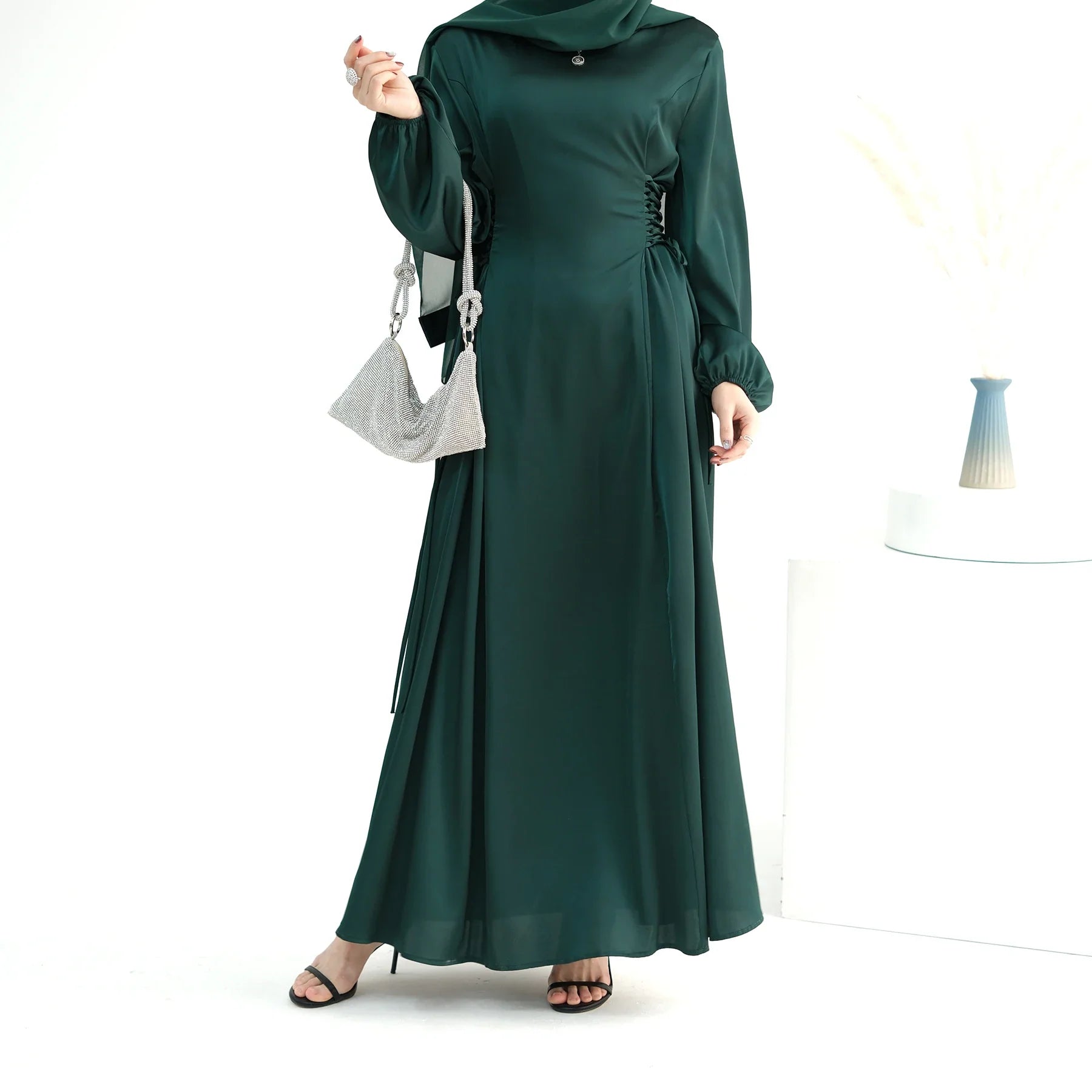 2024 Loriya Modest Satin Women Casual Dress Long Sleeve Middle East Arabic Islamic Clothing Modest Abaya Muslim Dress