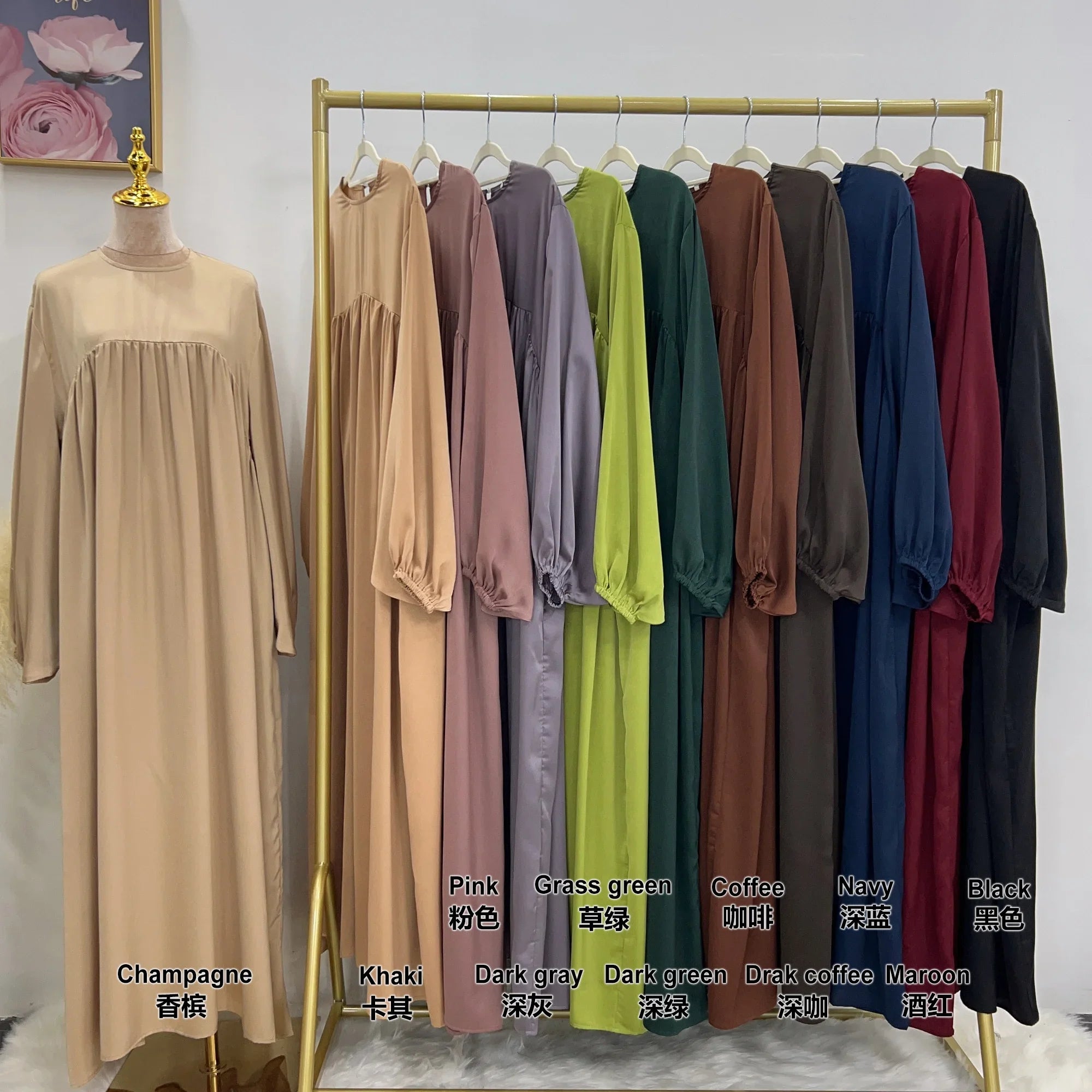 Loriya Abayas fermées à manches bouffantes Dubaï Turquie Hijab Robe 2 pièces Ensemble Abaya unie Vêtements islamiques pour femmes musulmanes 