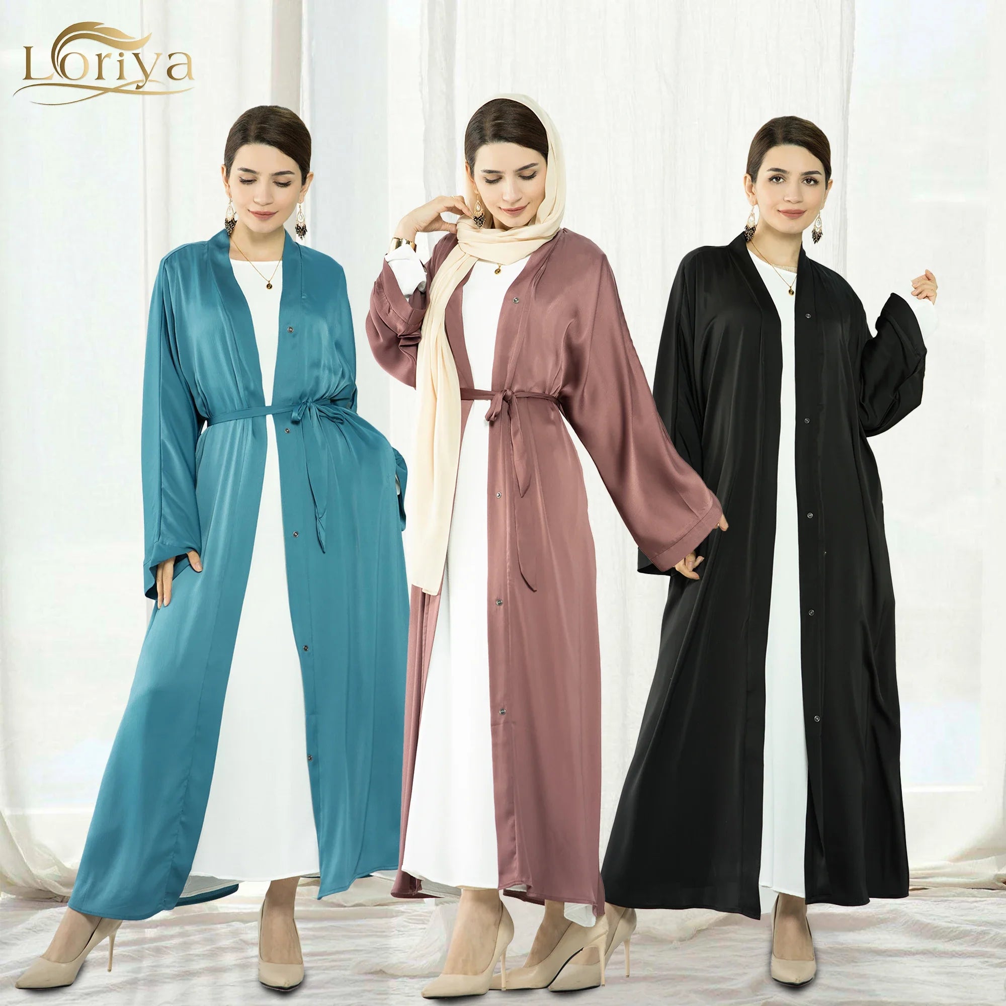 Loriya 2023 Robes modestes Couleurs unies Satin Abaya ouverte avec poches latérales Filles musulmanes Abaya 