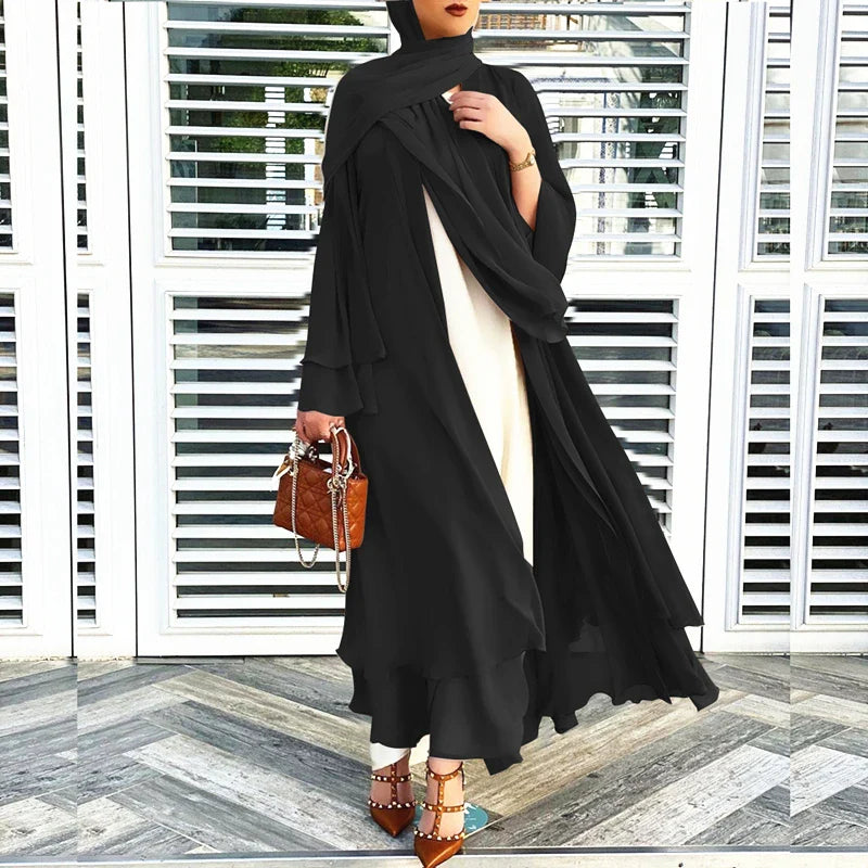 New Fashion Islamic Clothing Chiffon Long Open Abaya Two Layers Islamic Dress