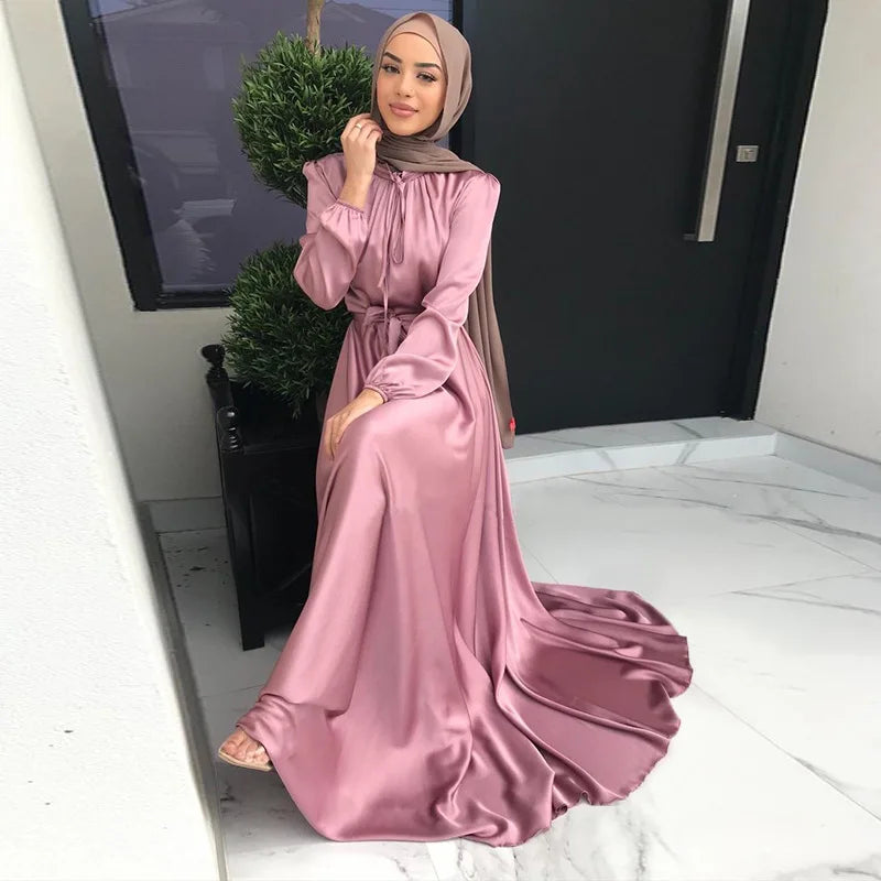 8 colors bulk wholesale maxi dresses muslim women long sleeve abaya satin dress dubai islamic clothing