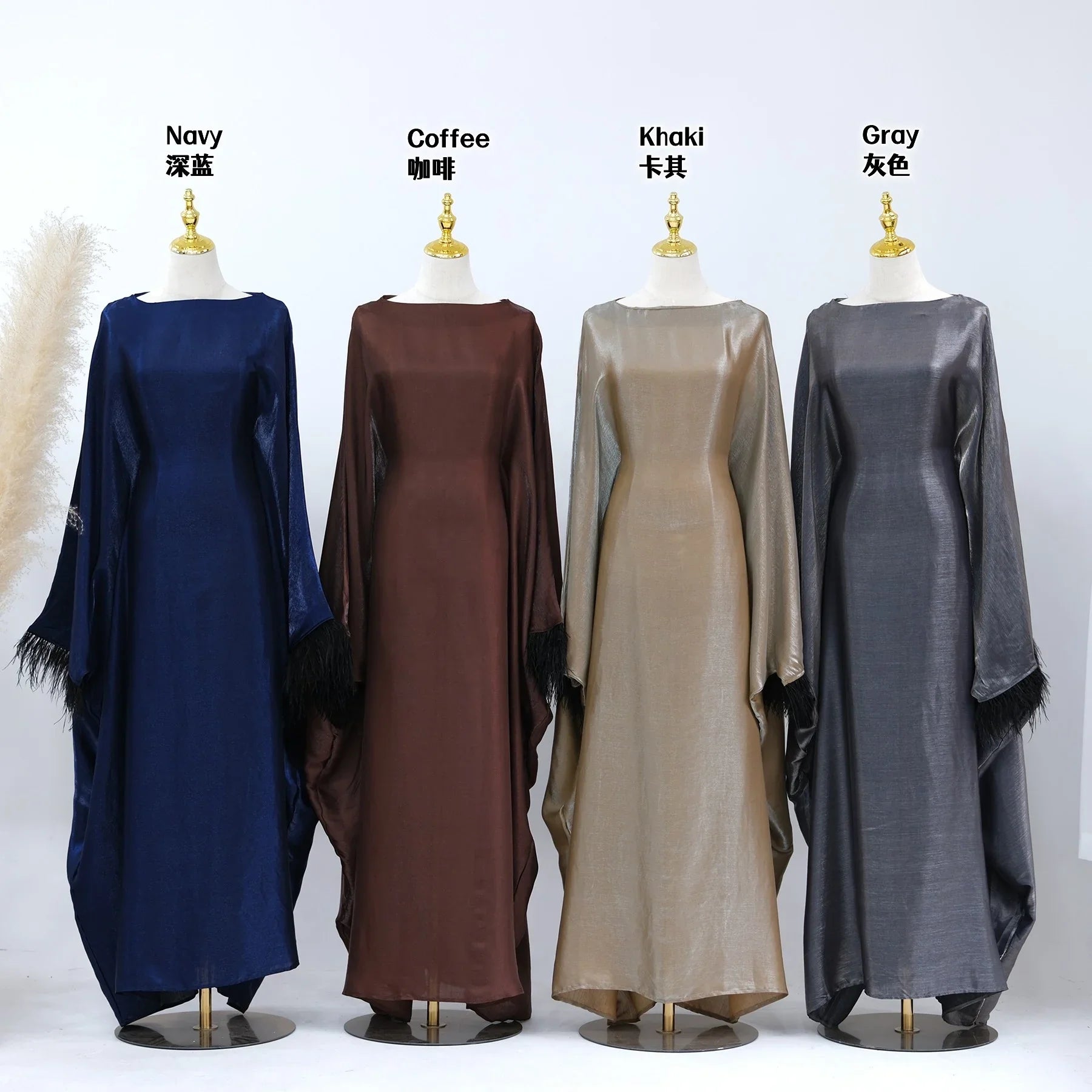 Loriya Vêtements Islamiques Plume Fermé Abayas Femmes Robe Musulmane Turquie Dubaï Abaya Robe Modeste avec Ceinture à Nouer à l'Intérieur 