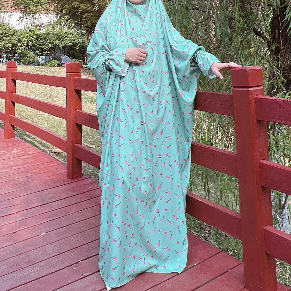 2022 New Style Jilbab Floral Print Islamic Women Long Khimar Prayer Hijab Abaya Dress