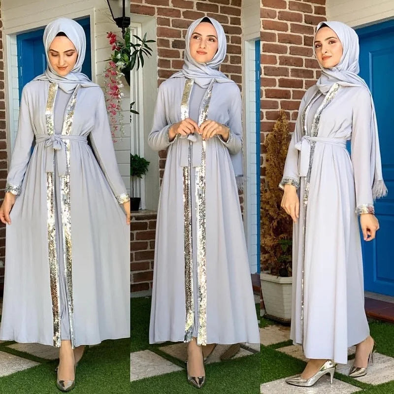 High Quality Muslim Women Sequined  Front Open Kaftan Abaya Long Dress for Eid Mubarak