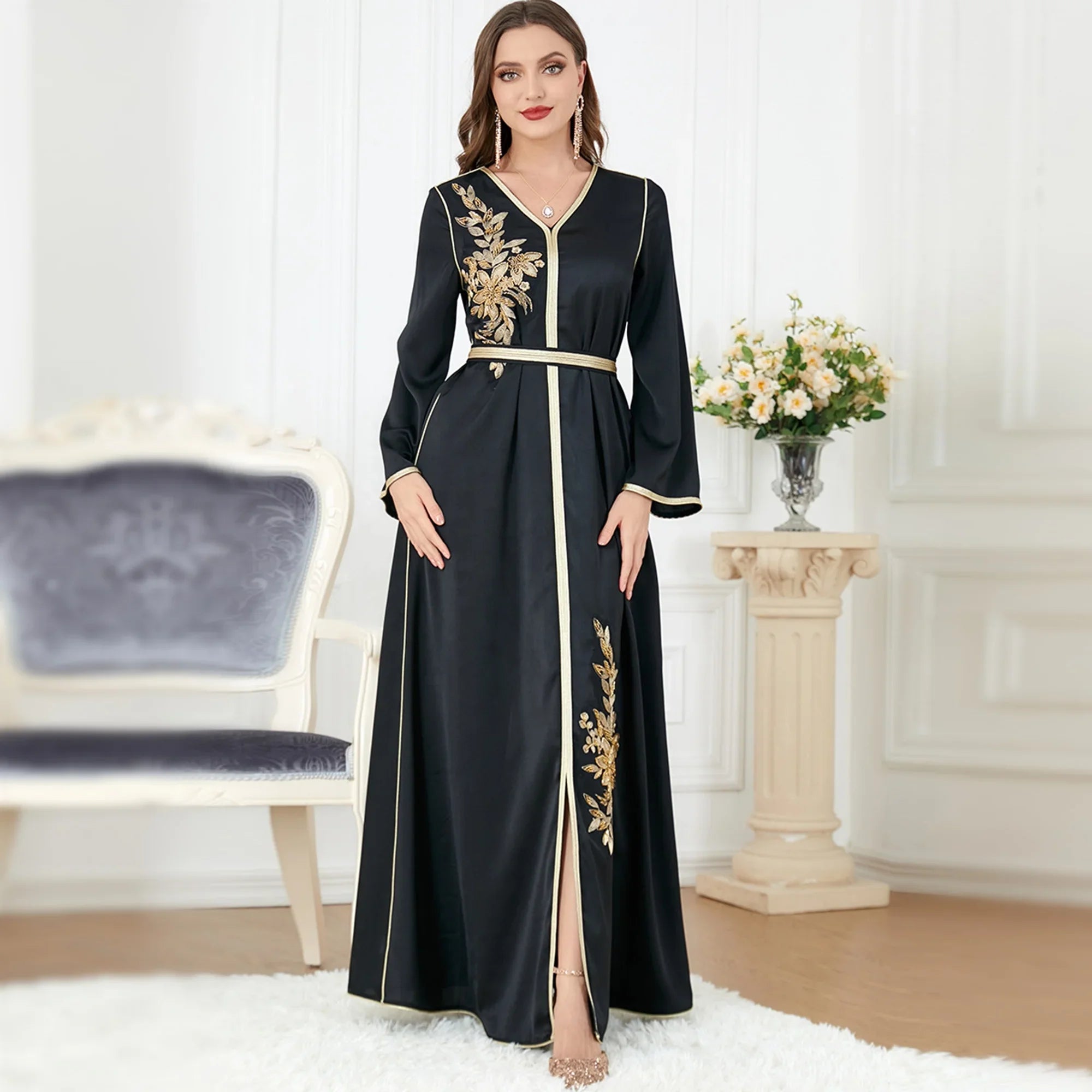 Loriya Wholesale Muslim Women Dress Long Sleeve V Neck Elegant Black Kaftan Modest Dress Abaya Islamic Clothing