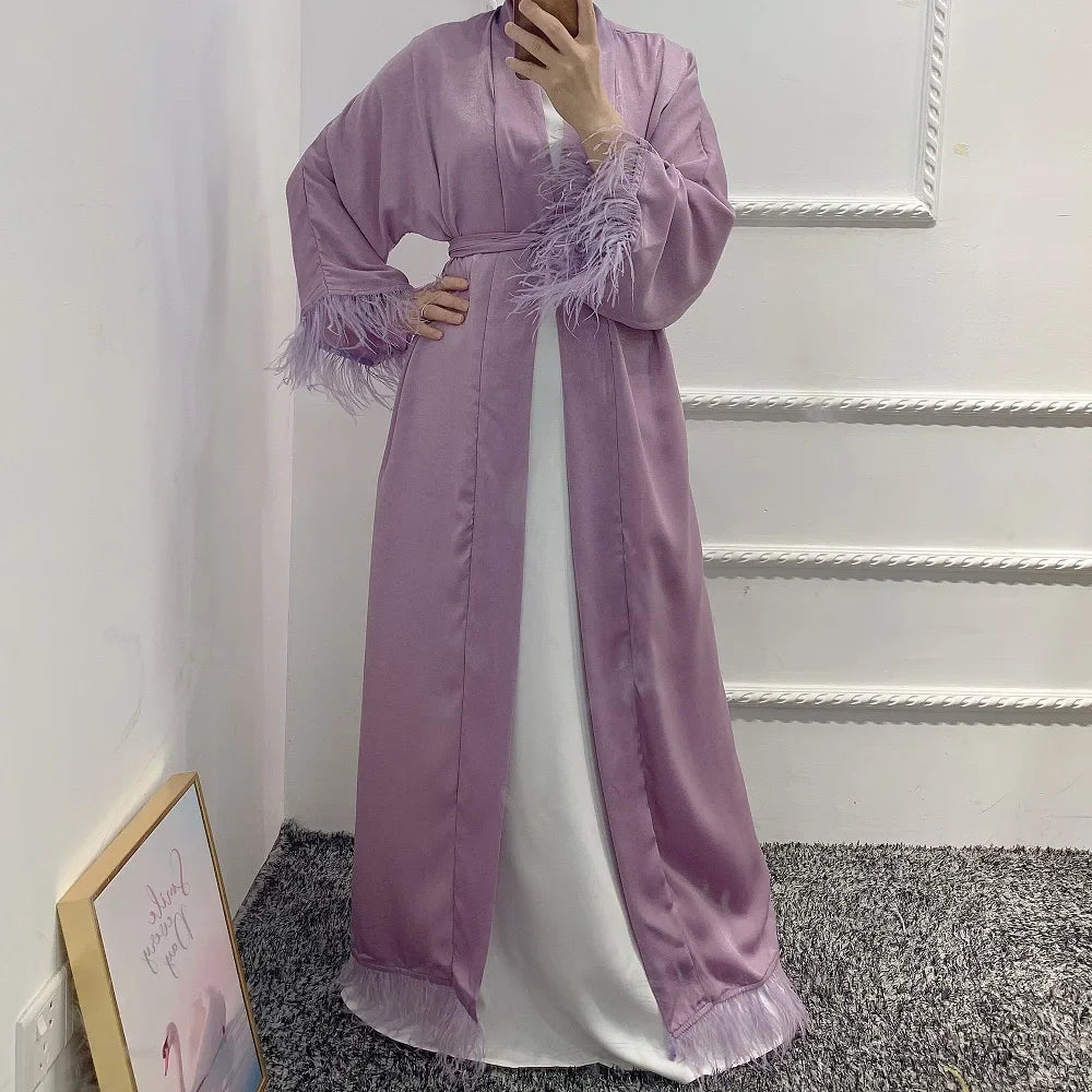 Top Selling Modest Front Open Abaya Cardigan Islamic Dress Polyester with Fur Caftan Islamic Clothing