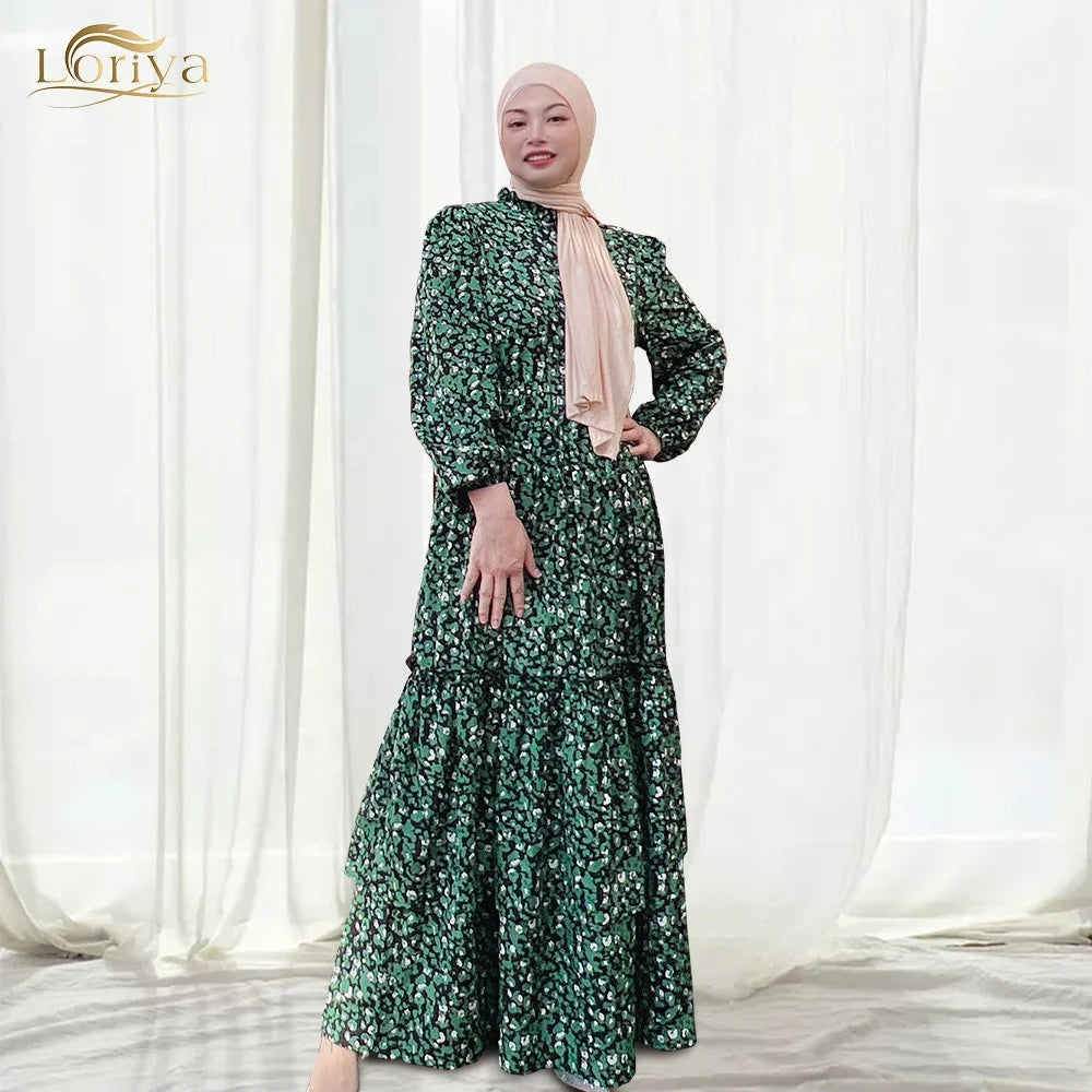 Robes longues Loriya pour femmes, élégantes abayas turques à fleurs, robes vertes superposées pour femmes 